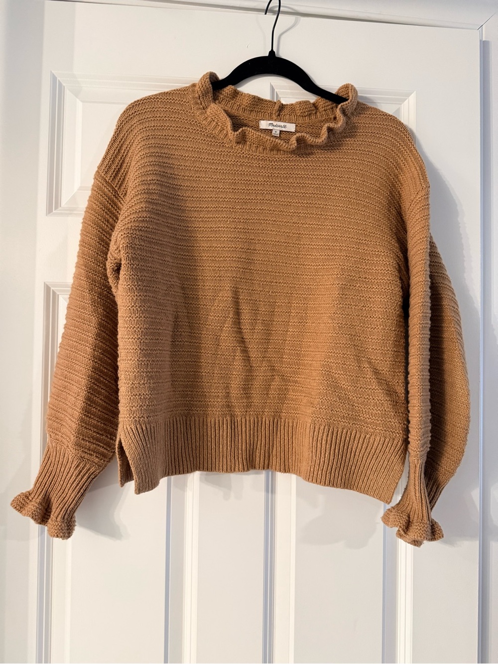Madewell Camel Ruffle-Trim Crewneck Sweater